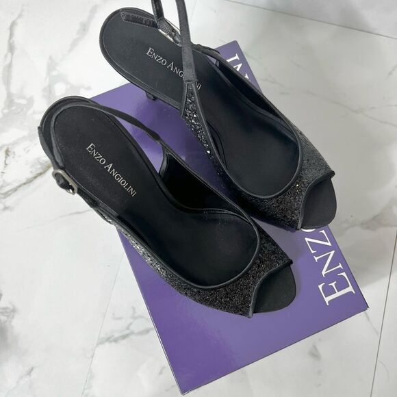 Enzo Angiolini Hitch X3 Black Sequin Shiny Satin Ankle Buckle Peep Toe Heels - Picture 10 of 16